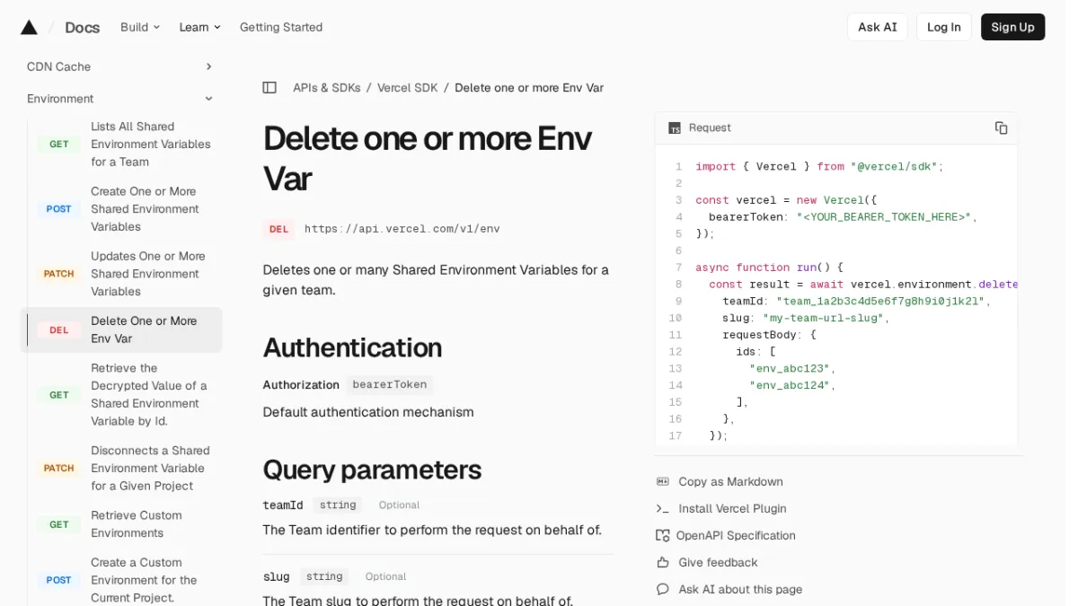 Delete one or more Env Var | Vercel SDK
