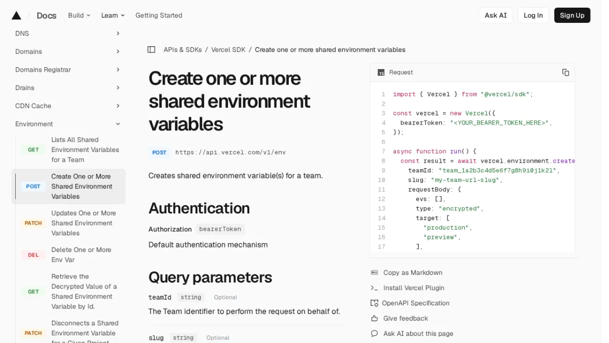 Create one or more shared environment variables | Vercel SDK