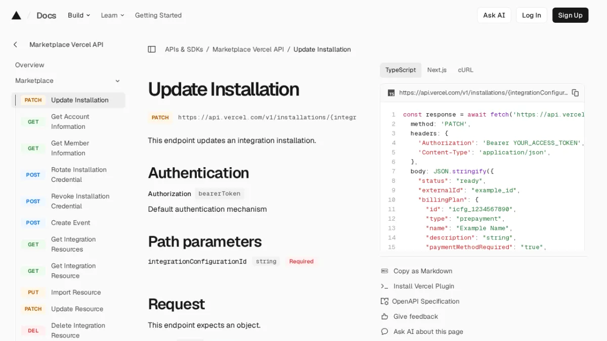 Update Installation | Vercel API