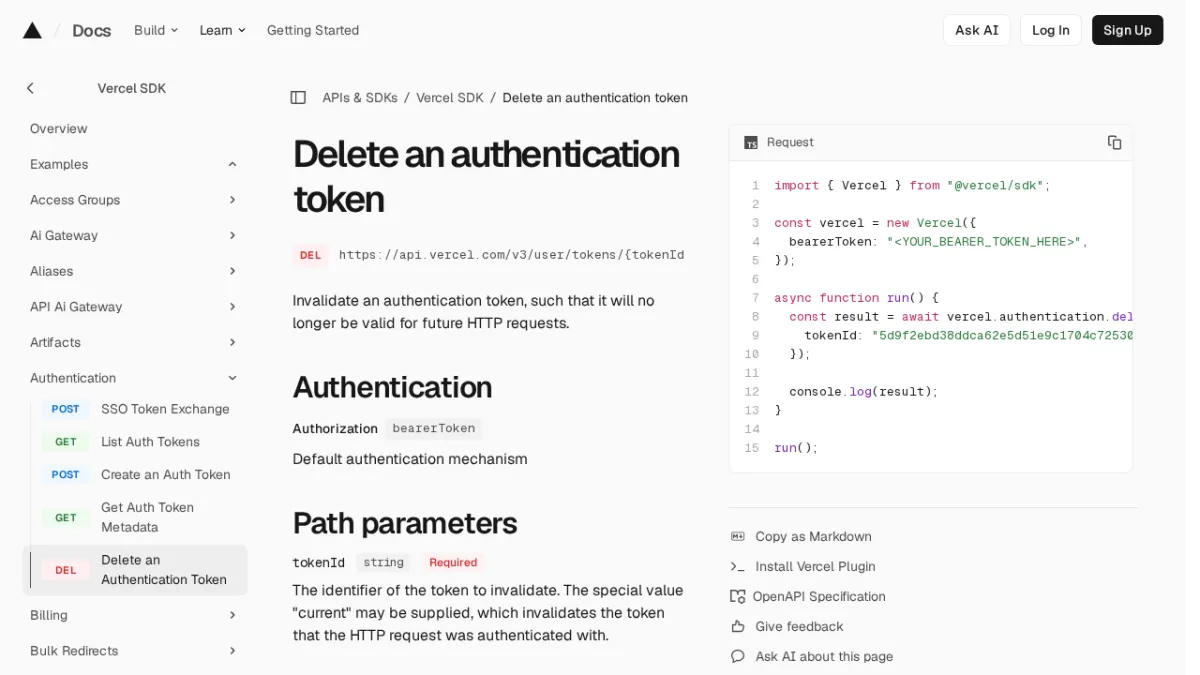 Delete an authentication token