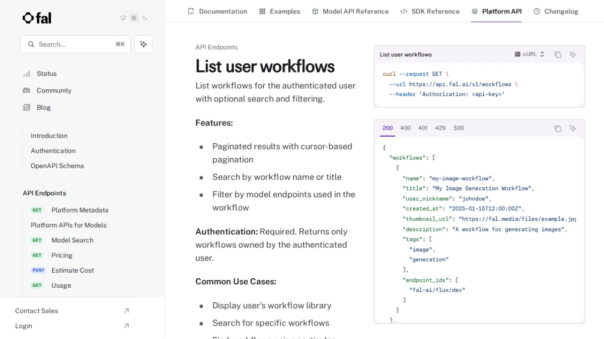 List user workflows - fal