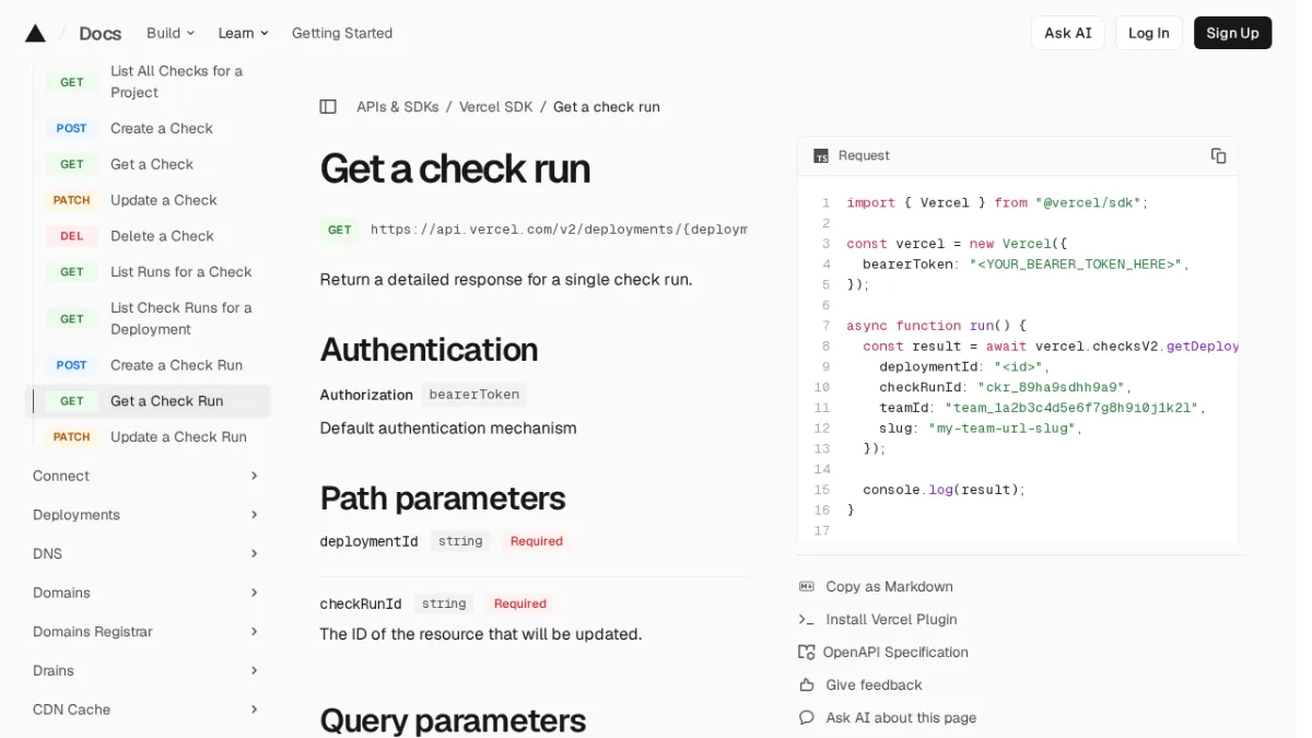 Get a check run | Vercel SDK