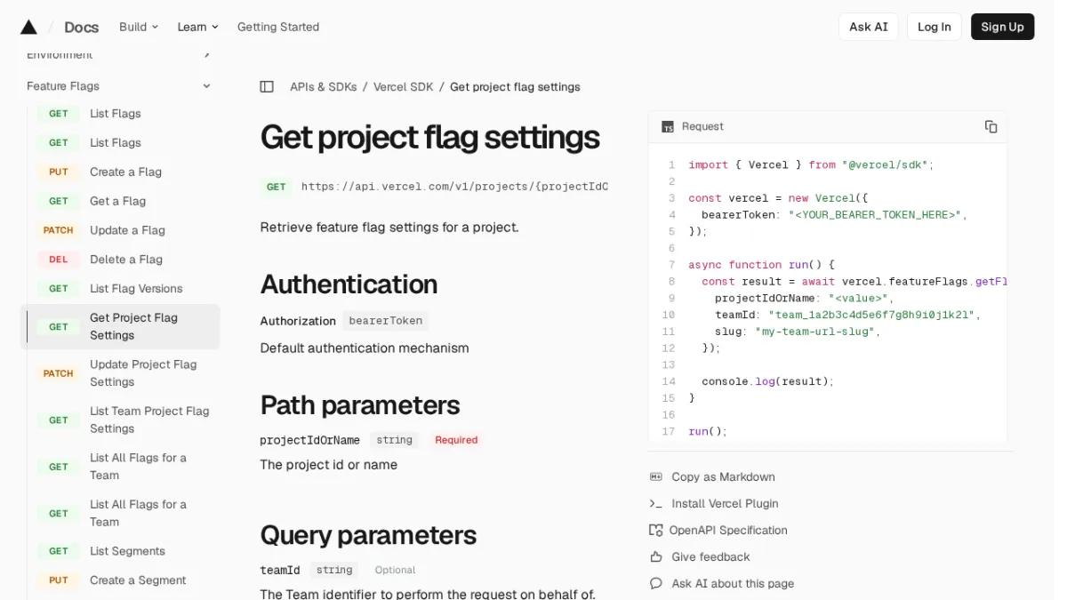 Get project flag settings | Vercel SDK