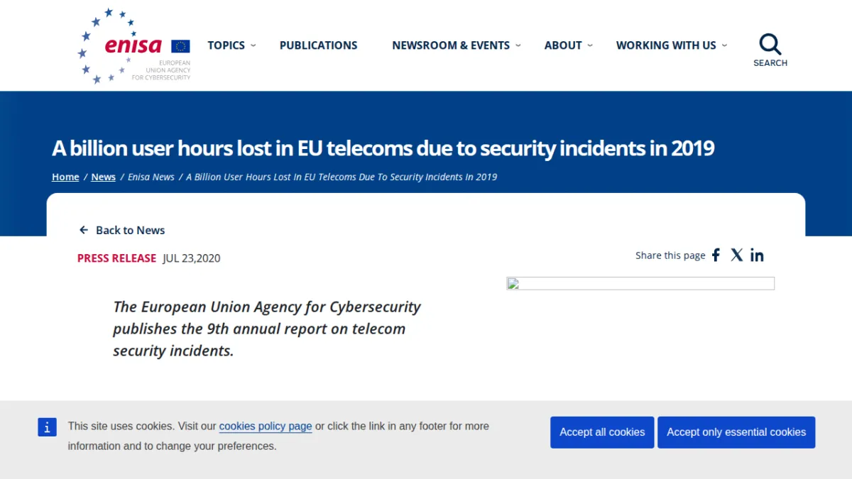 A billion user hours lost in EU telecoms due to security incidents in 2019