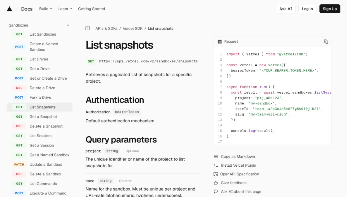 List snapshots | Vercel SDK