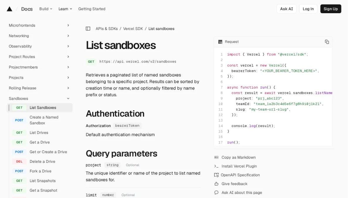 List sandboxes | Vercel SDK