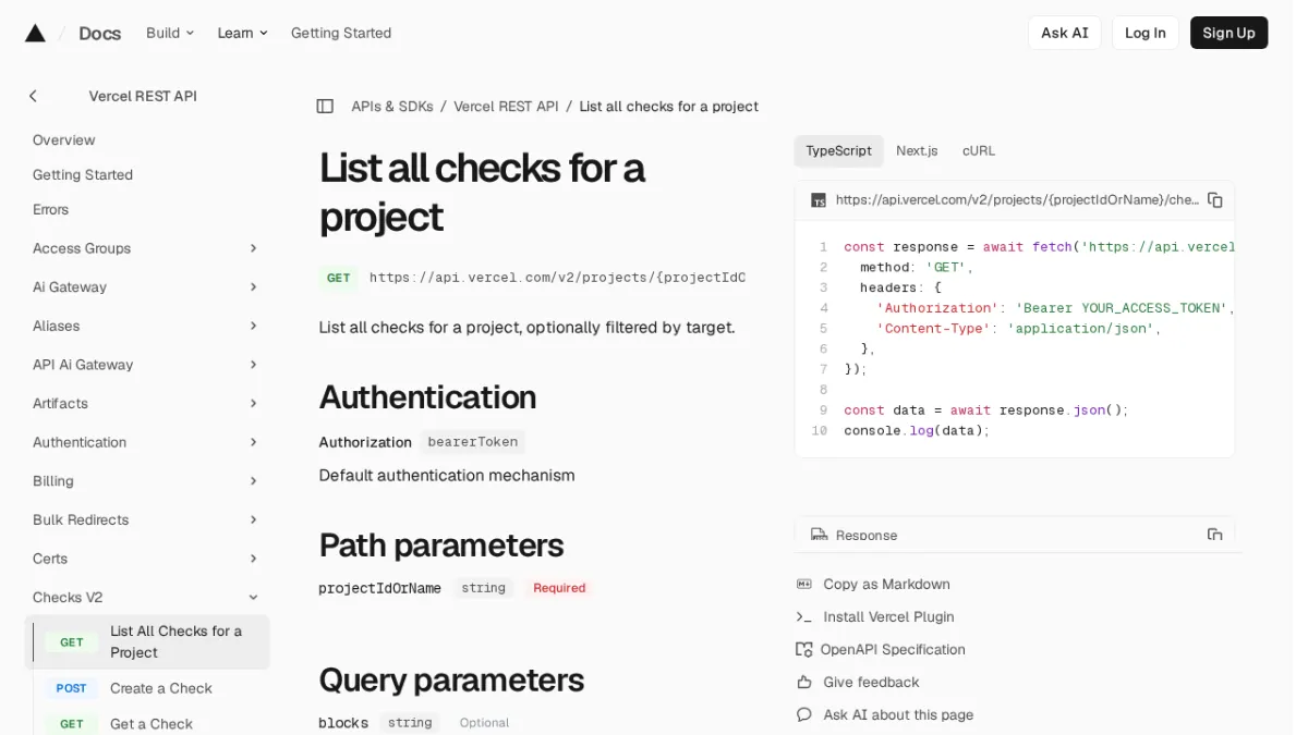 List all checks for a project | Vercel REST API