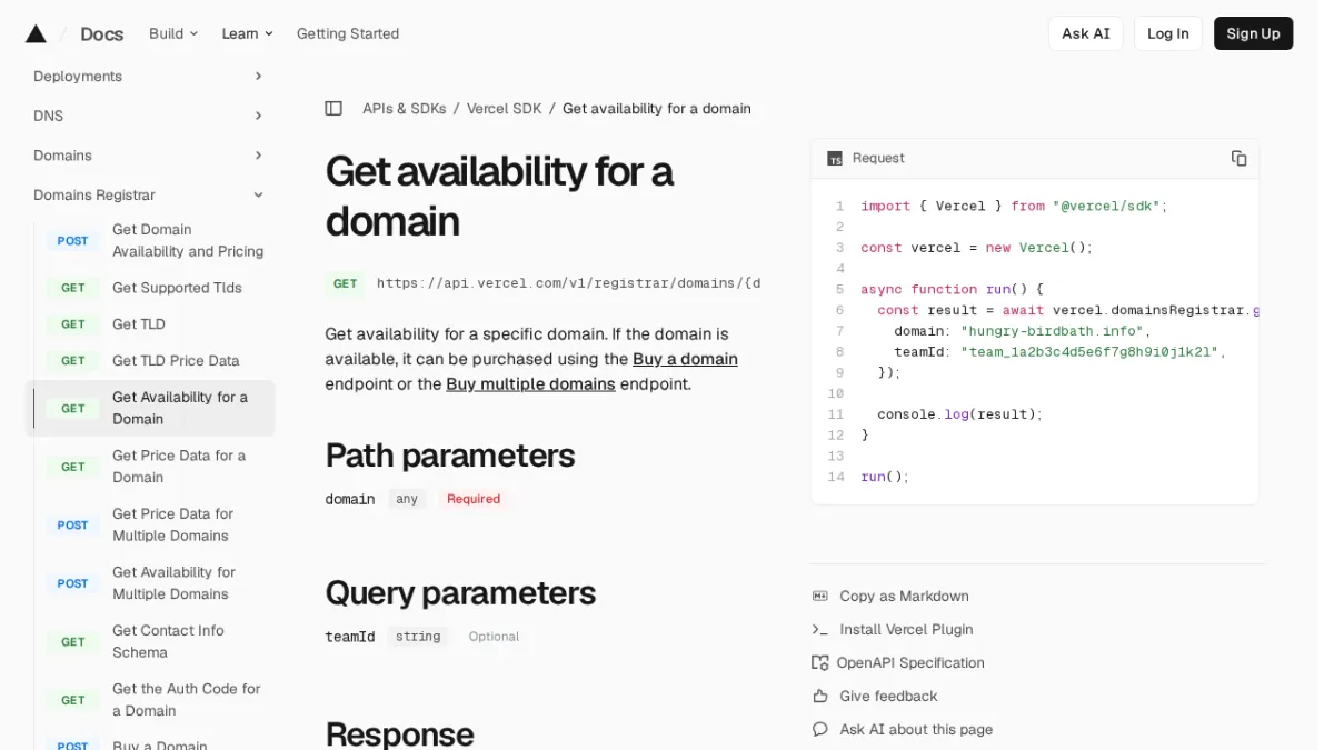 Get availability for a domain | Vercel SDK