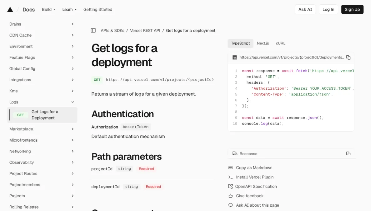 Get logs for a deployment | Vercel REST API