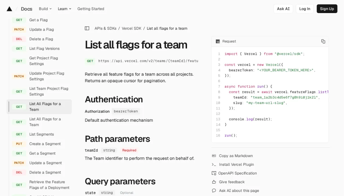 List all flags for a team | Vercel SDK