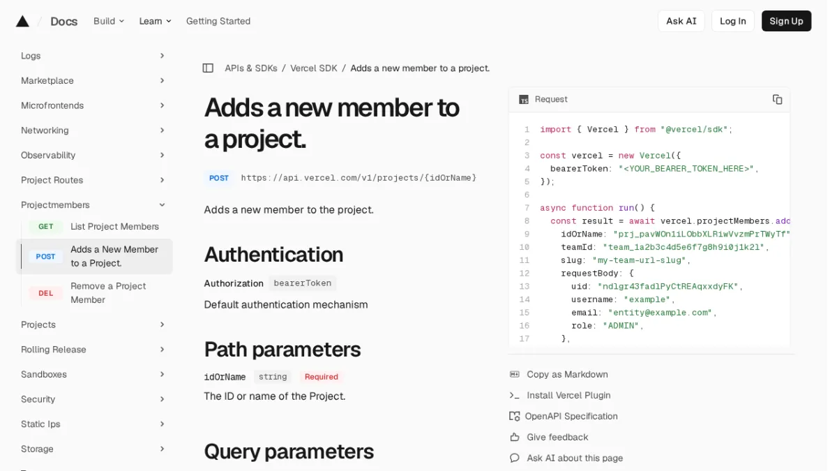 Adds a new member to a project. | Vercel SDK