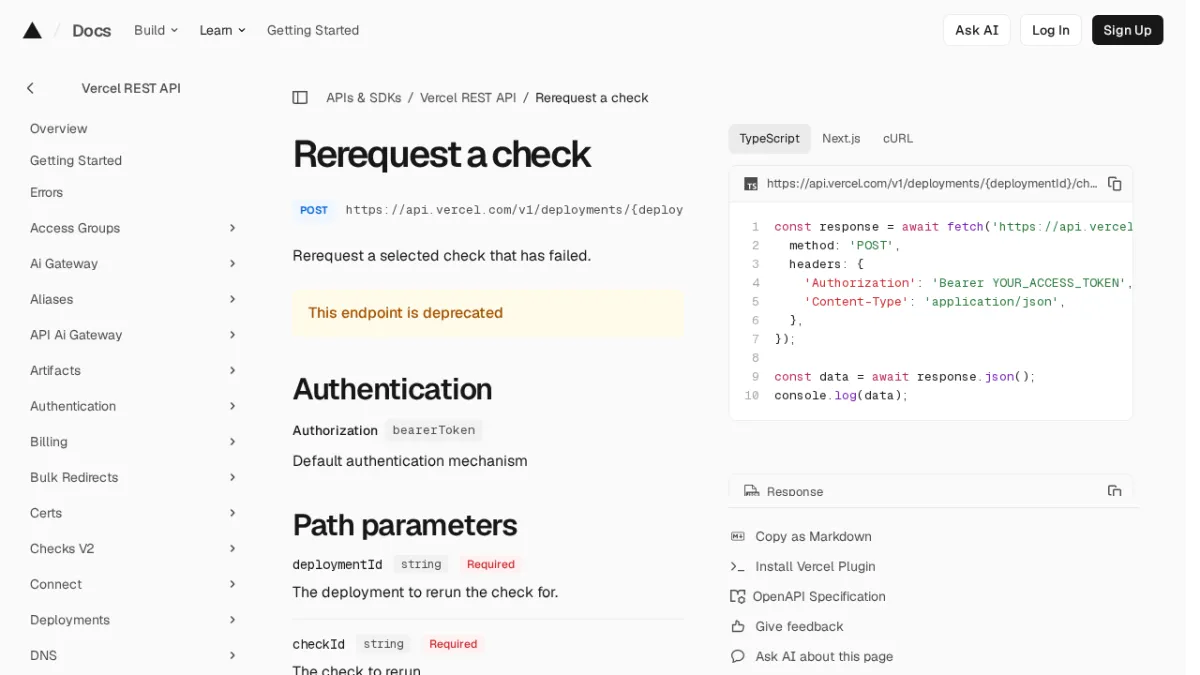 Rerequest a check | Vercel REST API