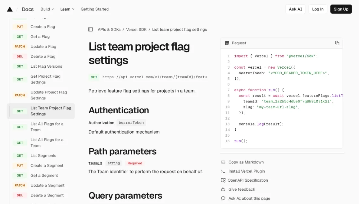 List team project flag settings | Vercel SDK