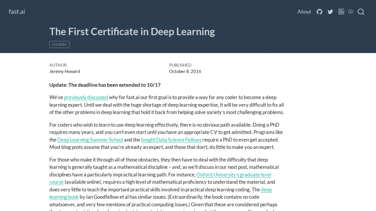 The First Certificate in Deep Learning