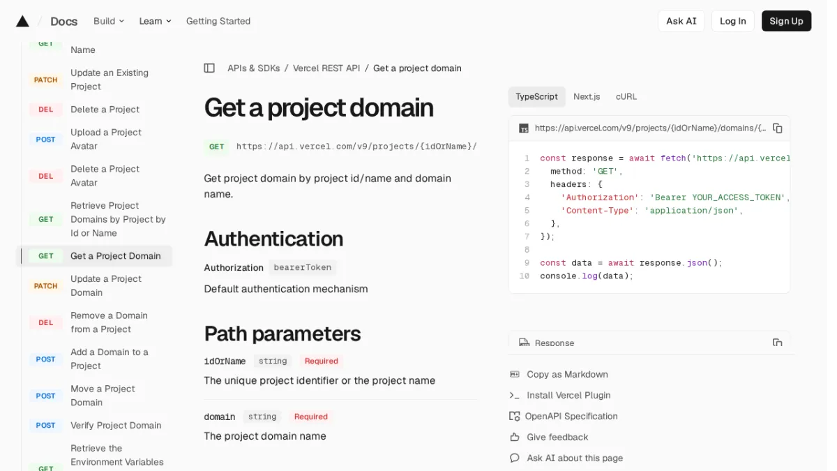 Get a project domain | Vercel REST API