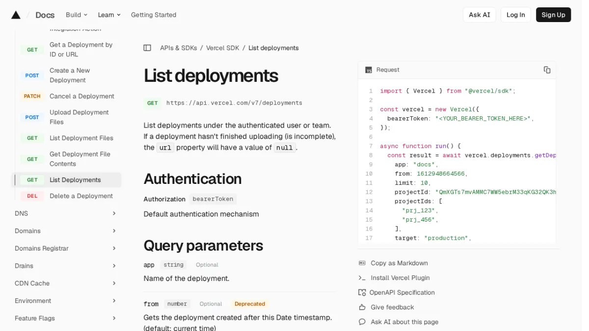 List deployments | Vercel SDK