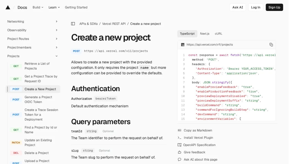 Create a new project | Vercel REST API
