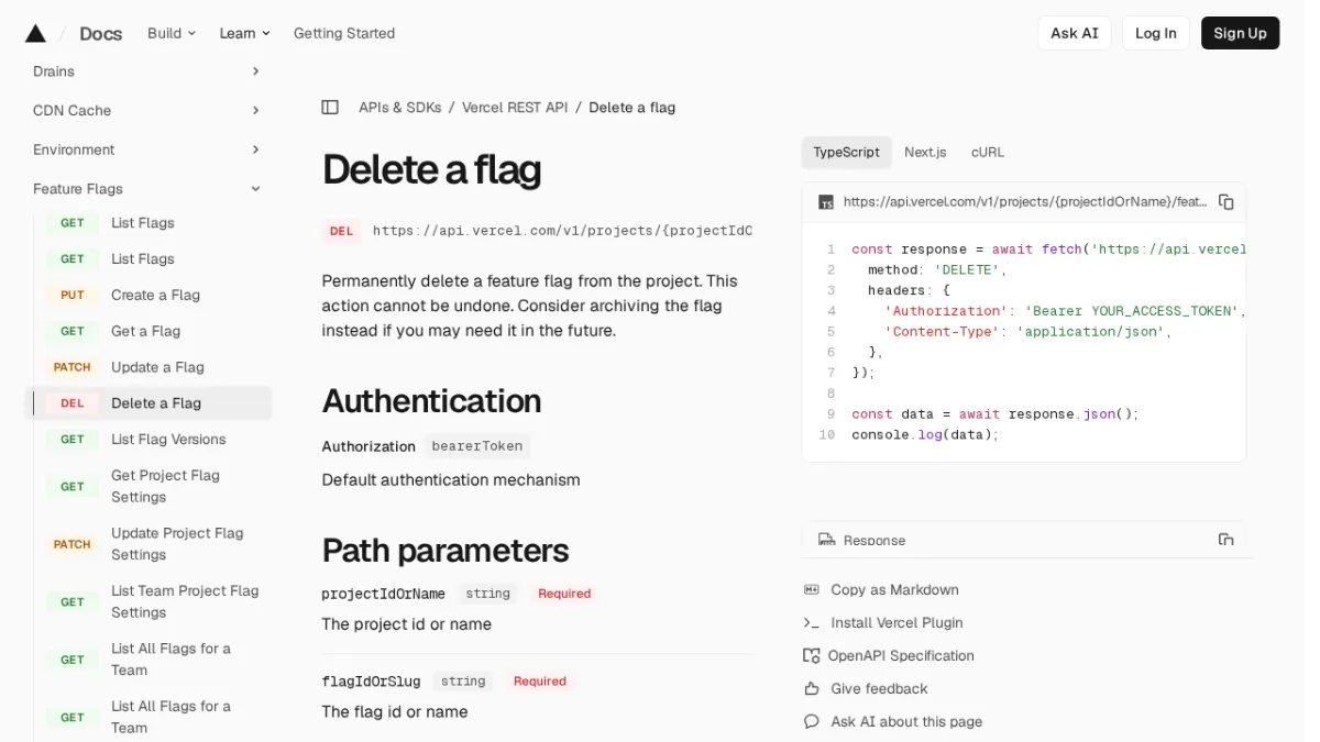 Delete a flag | Vercel REST API