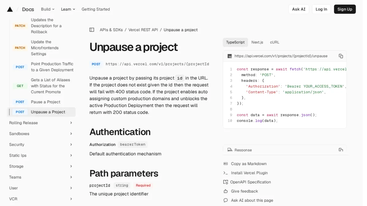 Unpause a project | Vercel REST API