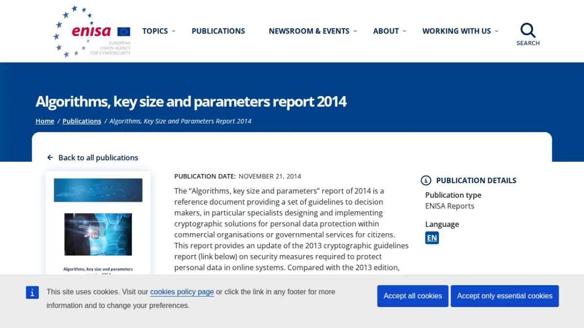 Algorithms, key size and parameters report 2014