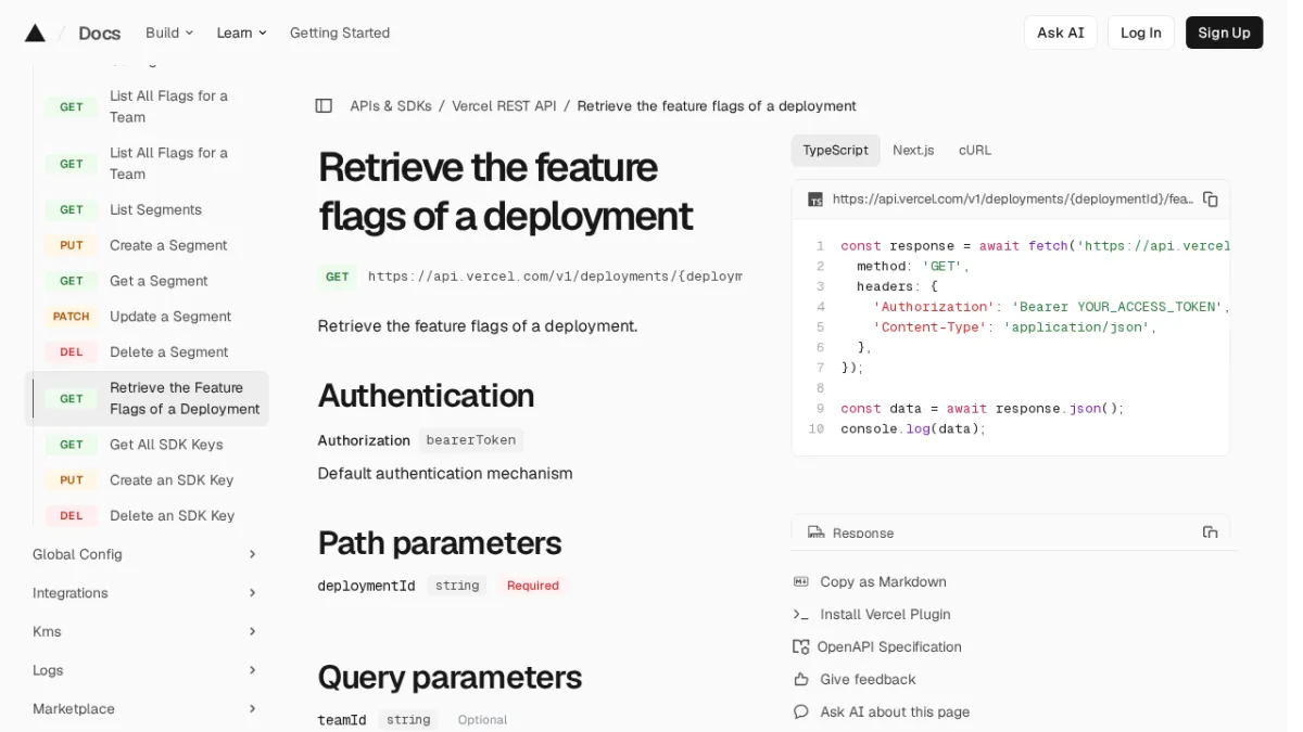 Retrieve the feature flags of a deployment | Vercel REST API