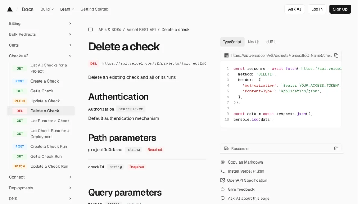 Delete a check | Vercel REST API