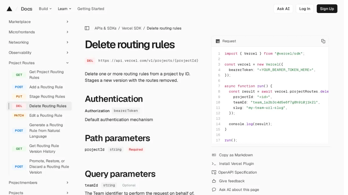 Delete routing rules | Vercel SDK