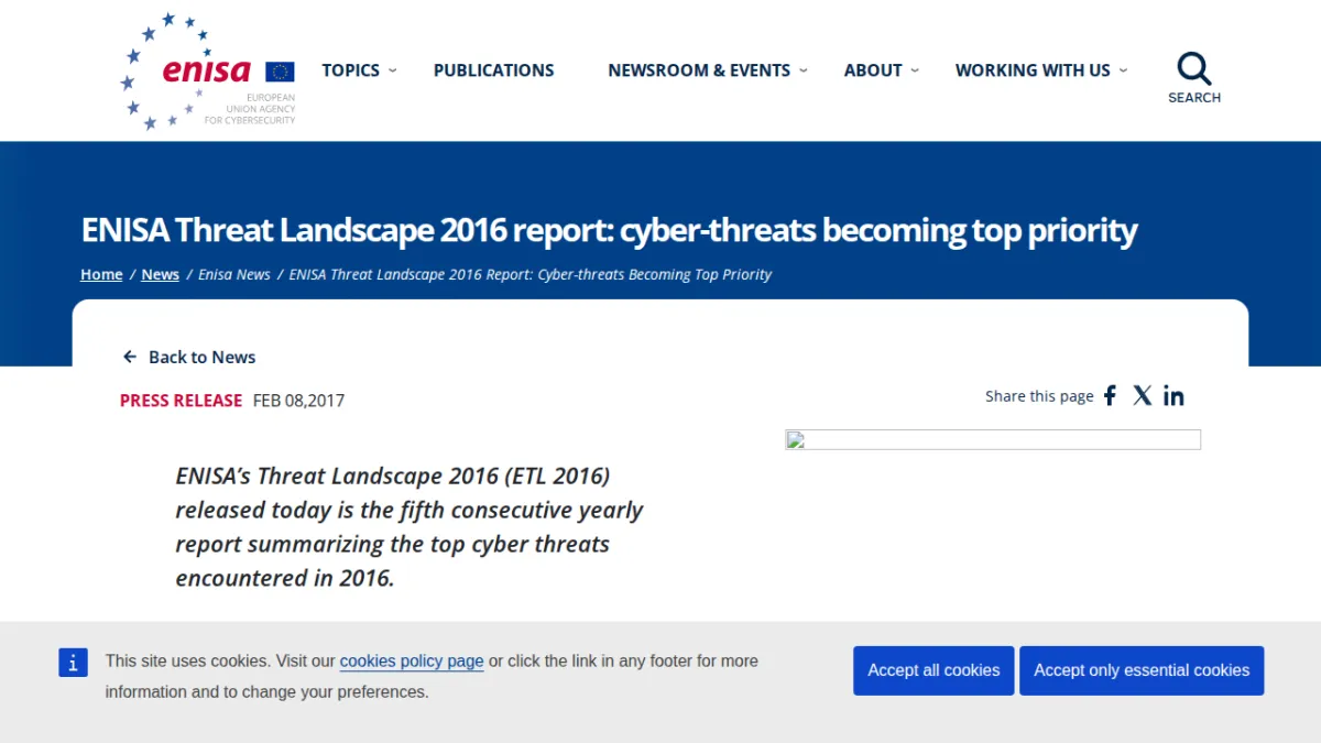 ENISA Threat Landscape 2016 report: cyber-threats becoming top priority