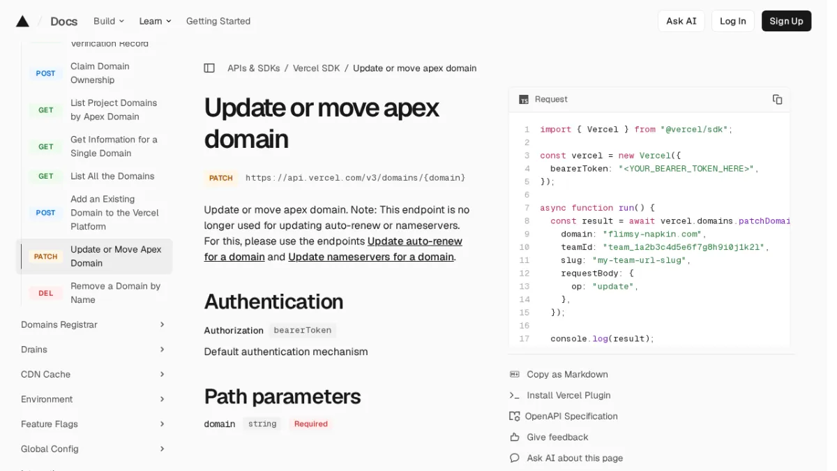 Update or move apex domain | Vercel SDK