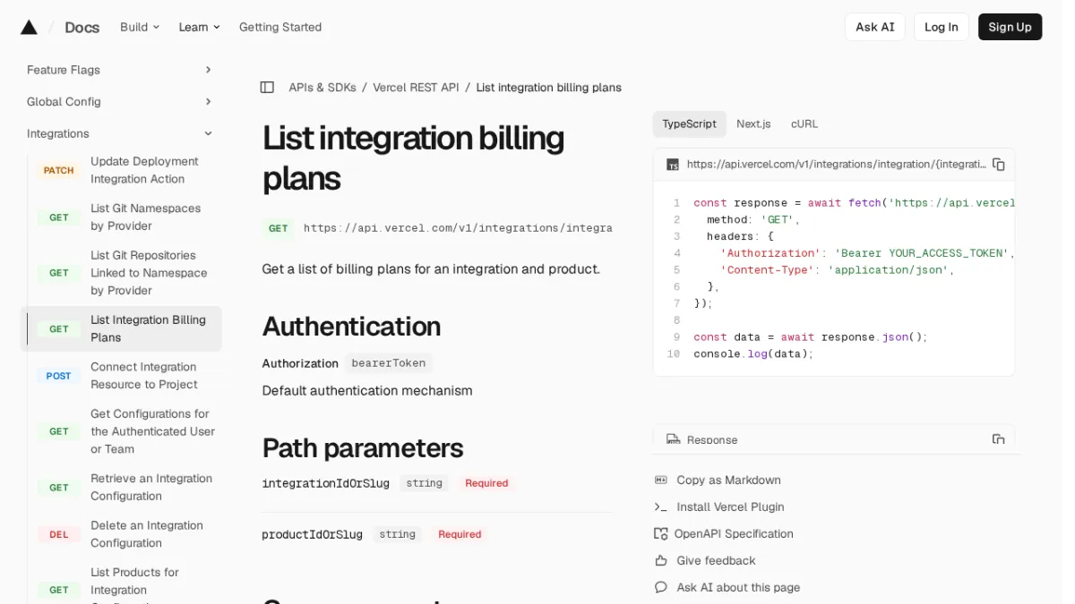 List integration billing plans | Vercel REST API