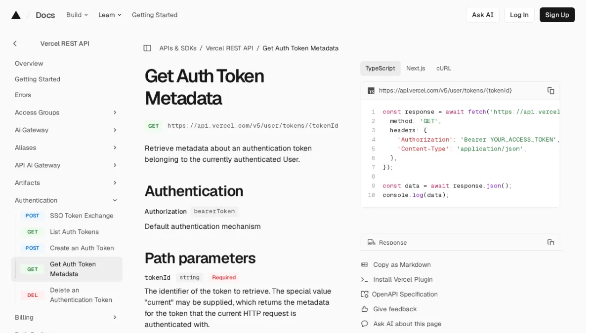 Get Auth Token Metadata | Vercel REST API