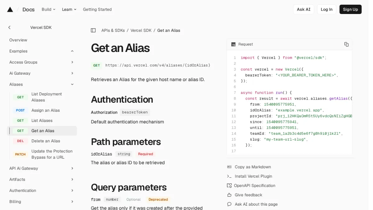 Get an Alias | Vercel SDK