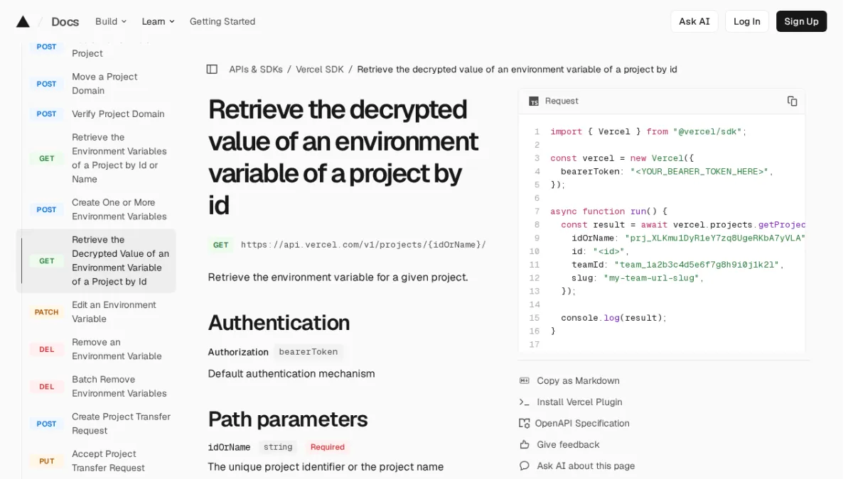 Retrieve the decrypted value of an environment variable of a project by id