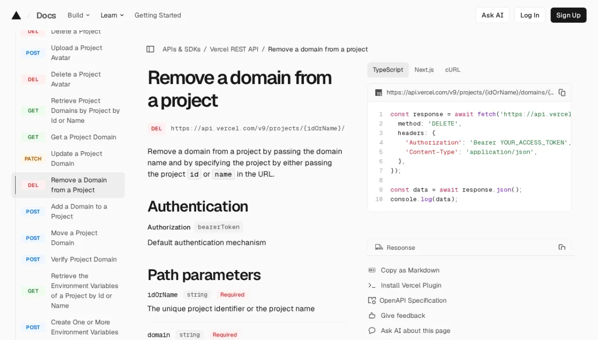 Remove a domain from a project