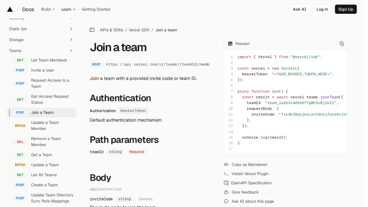 Join a team | Vercel SDK