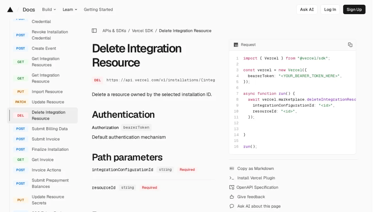 Delete Integration Resource | Vercel SDK