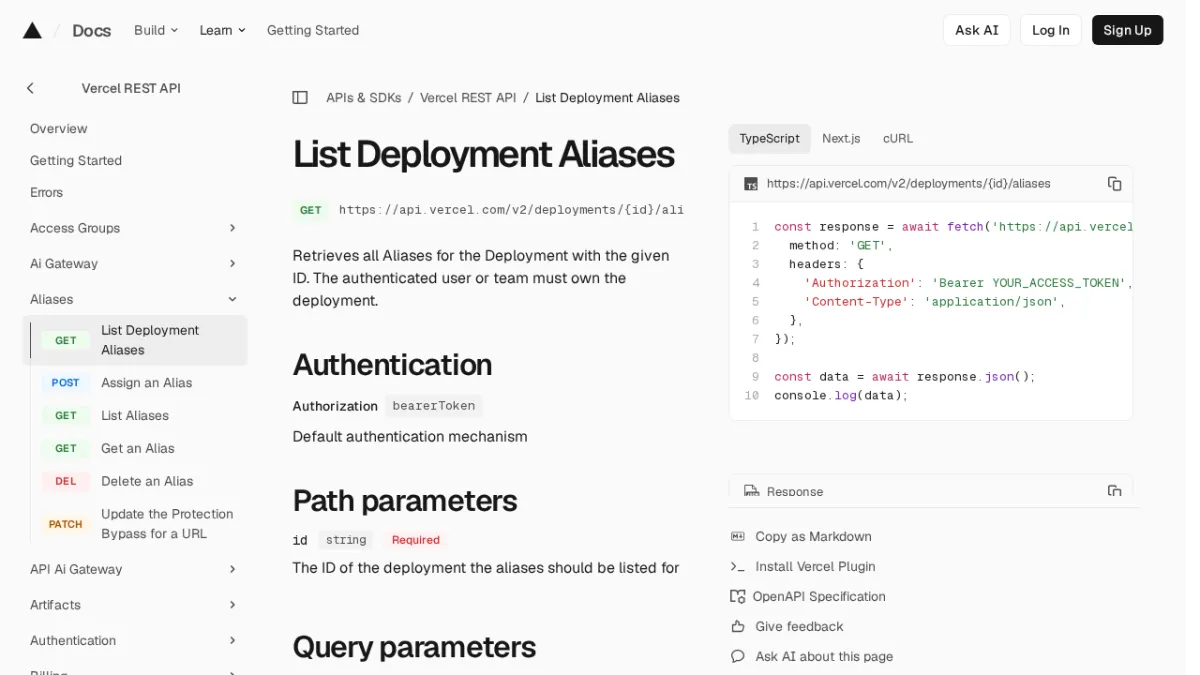 List Deployment Aliases | Vercel REST API