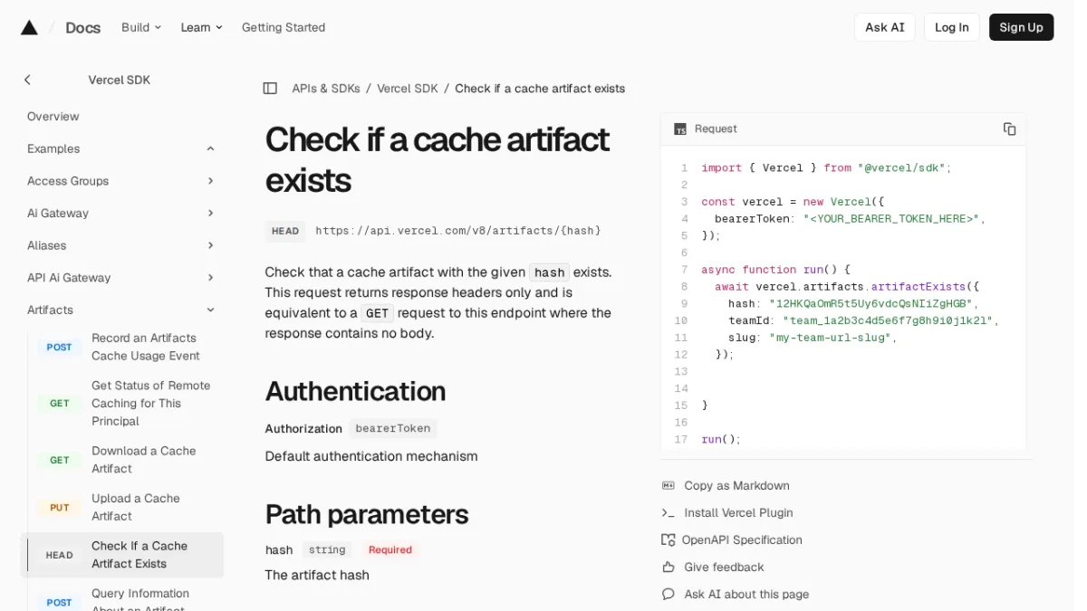 Check if a cache artifact exists | Vercel SDK