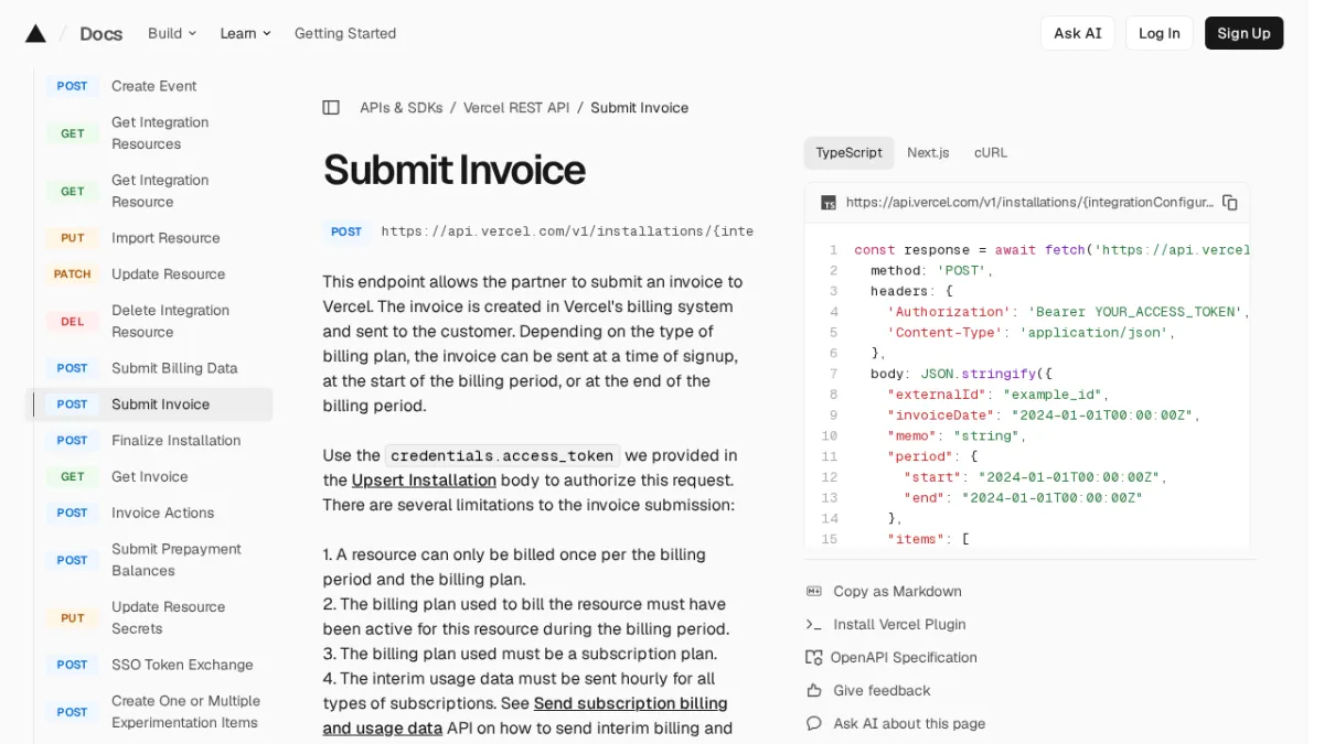 Submit Invoice | Vercel REST API