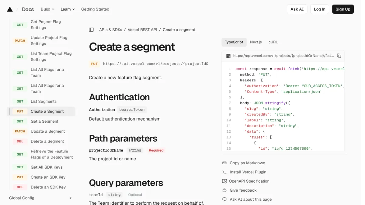 Create a segment | Vercel REST API