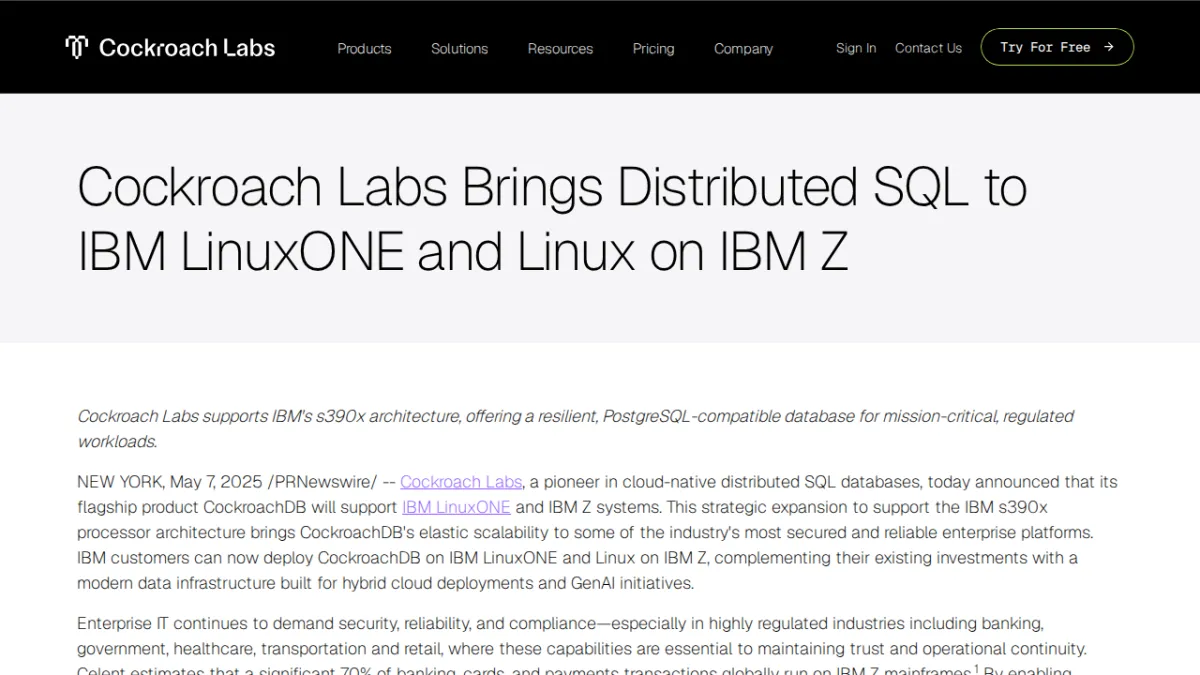 Cockroach Labs Brings Distributed SQL to IBM LinuxONE and Linux on IBM Z