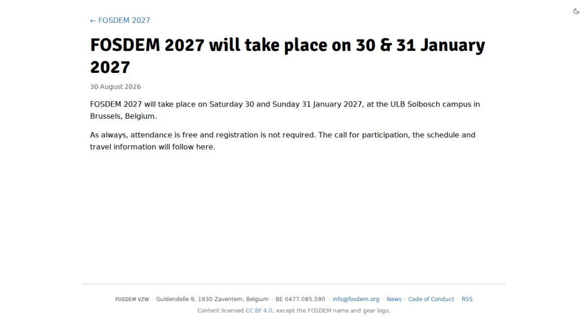 FOSDEM 2027 will take place on 30 & 31 January 2027