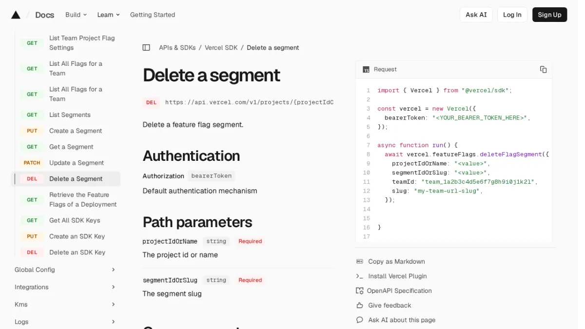 Delete a segment | Vercel SDK