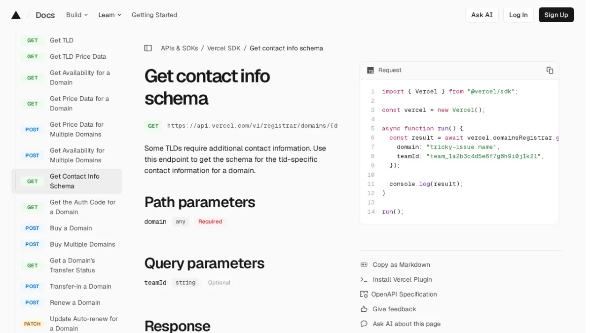 Get contact info schema | Vercel SDK