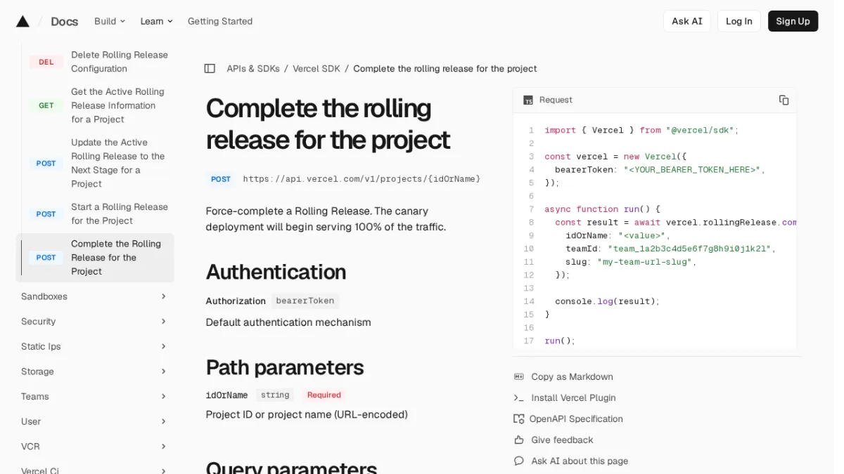 Complete the rolling release for the project | Vercel SDK