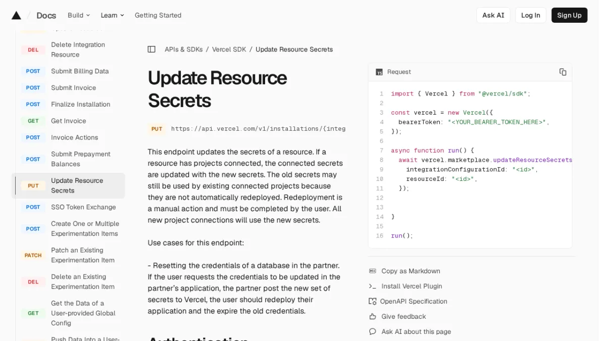 Update Resource Secrets | Vercel SDK