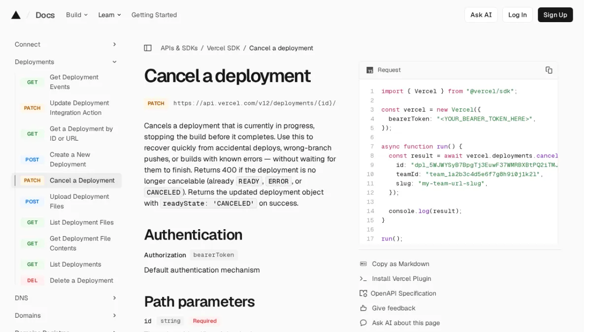 Cancel a deployment | Vercel SDK