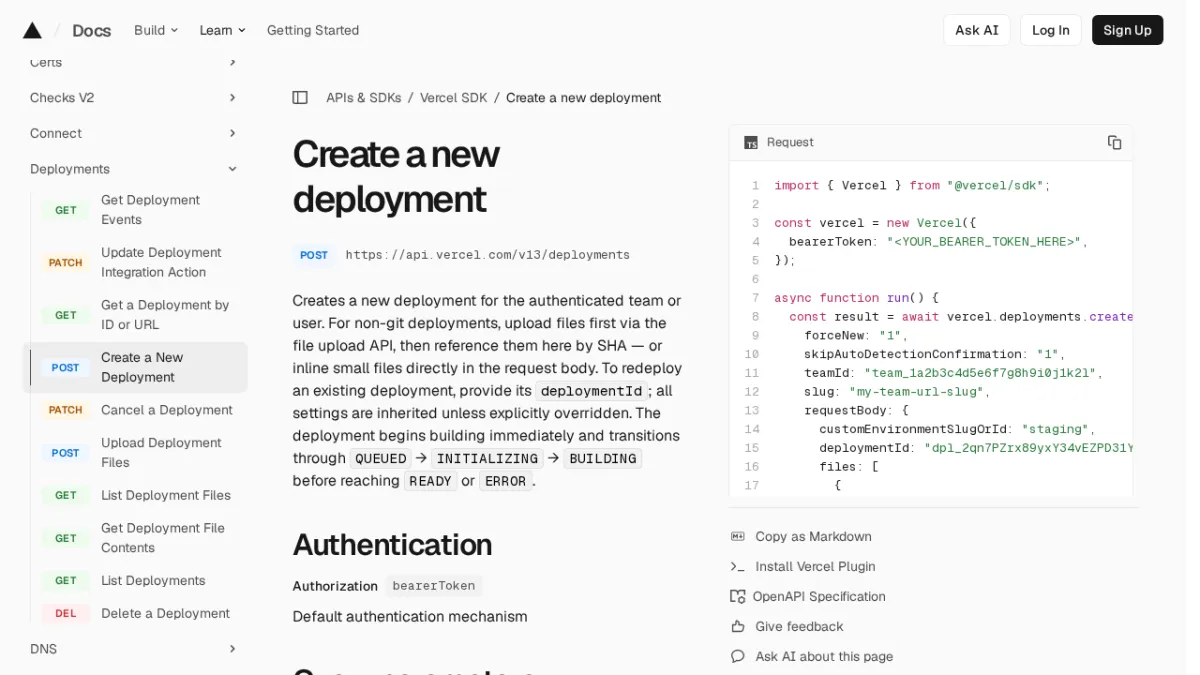 Create a new deployment | Vercel SDK