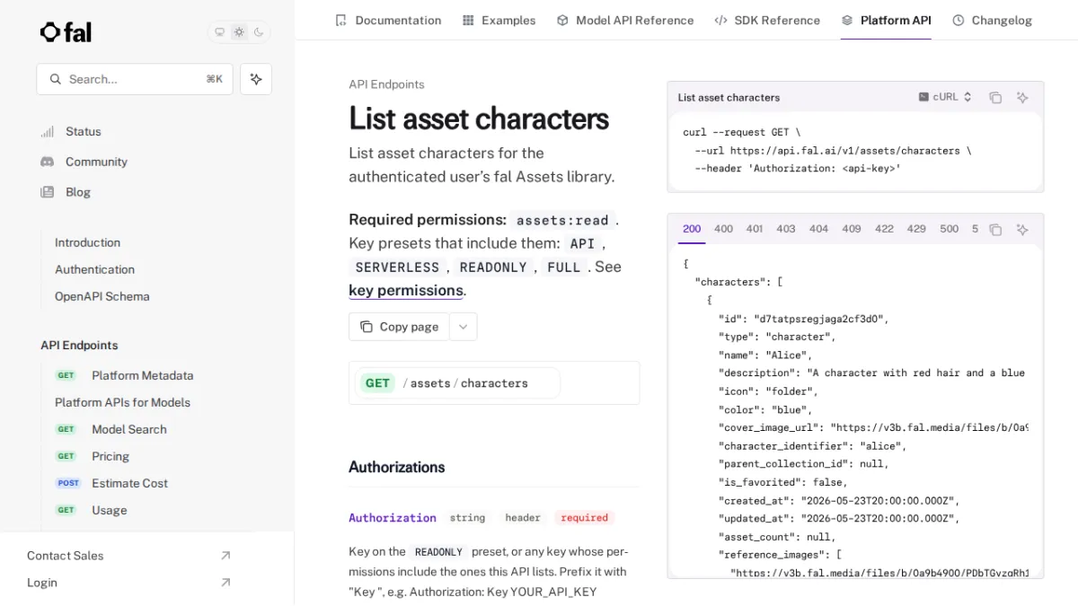 List asset characters - fal