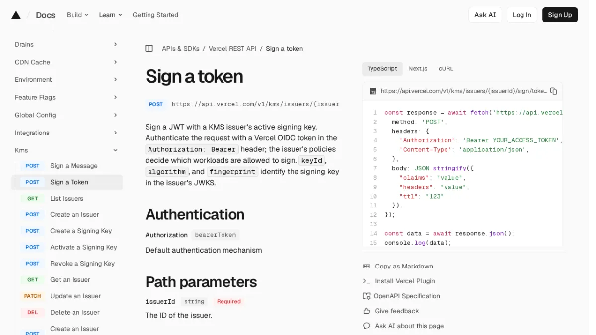 Sign a token | Vercel REST API